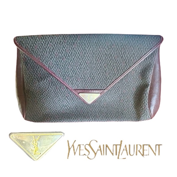 YSL Vintage Beautiful Clutch Dark Gray/Black w/Dark Burgundy  Trim - Picture 1 of 3